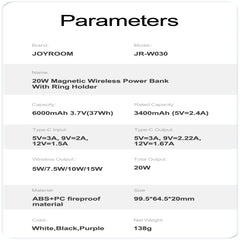 JR-W030 JOYROOM 20W MAGNETIC WIRELESS POWER BANK WITH RING HOLDER 6000MAH Joyroom.pk