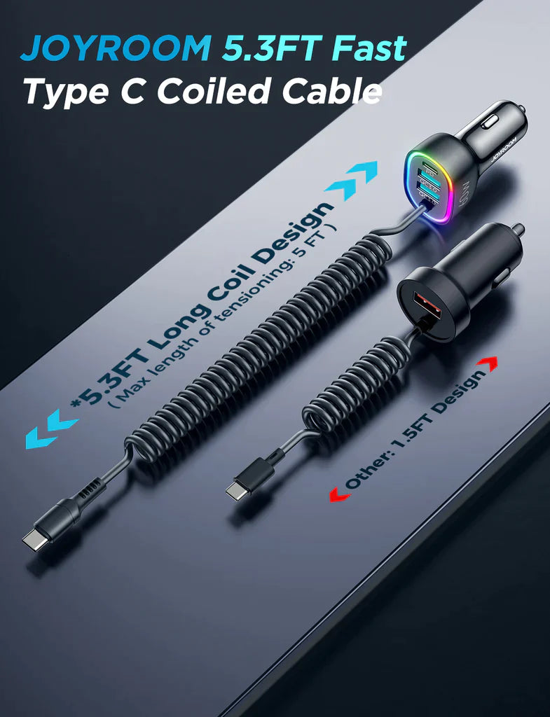 CL19 4 IN 1 PD FAST CAR CHARGER WITH COILED TYPE C CABLE Joyroom.pk