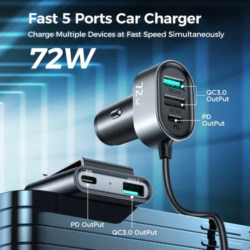 JR-CL05 JOYROOM 5 Multi-port QC3.0+PD Fast Car Charger Adapter 5ft cable for Front/Back Seat Charging JOYROOM