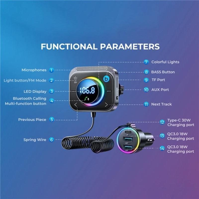 JR-CL18 JOYROOM 30W PD Type-C + USB Car Charger LED Display Bluetooth Adapter FM Transmitter with Coiled Cable Joyroom.pk