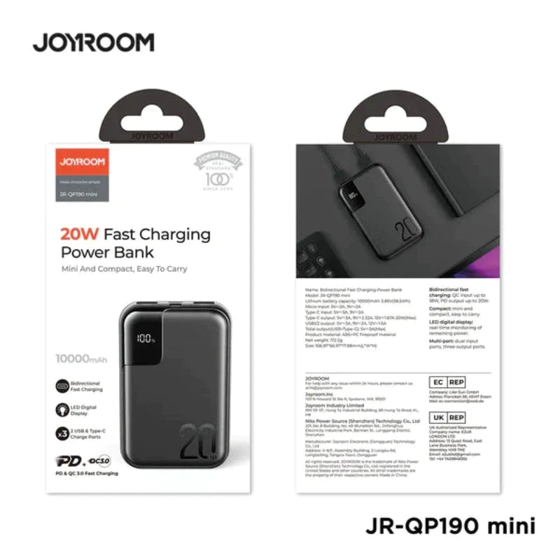 JR-QP190 Mini JOYROOM 20W PD POWER BANK 10000MAH BLACK Joyroom.pk